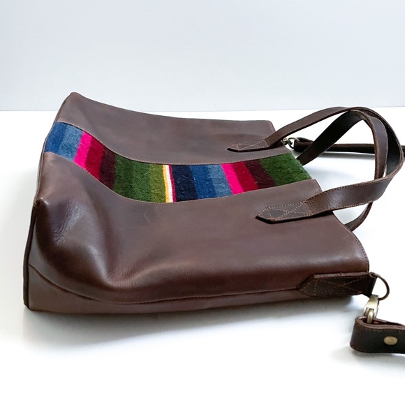 The White Yak Aztec Textile Brown Leather Tote Satchel with Strap - Picture 5 of 7